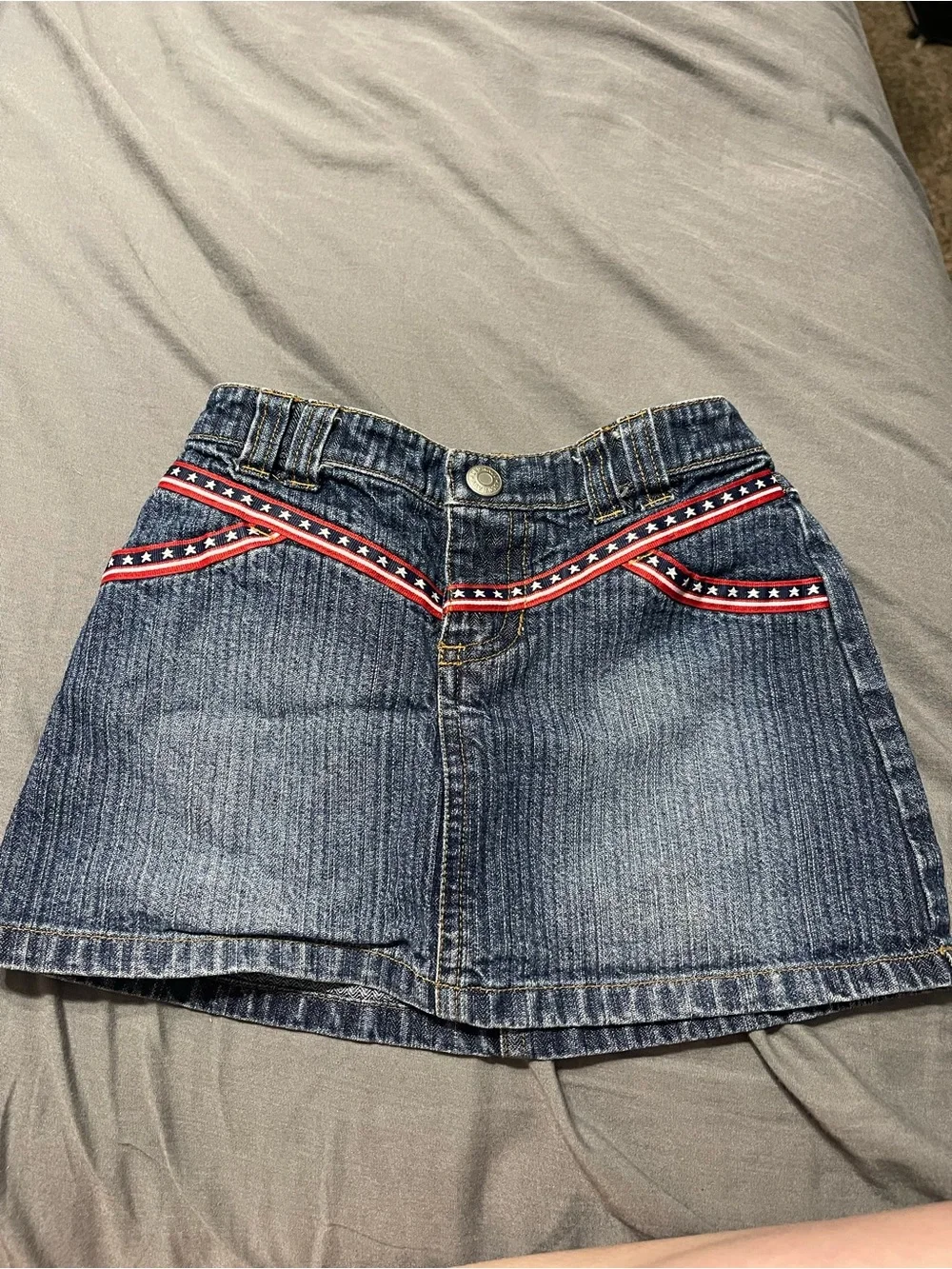 Early 2000’s Kids Blue Denim Mini Skirt with Red & White Star Trim